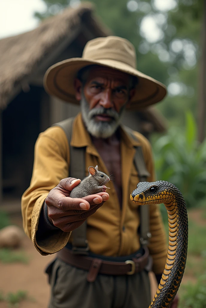 There is a farmer in a hut, that farmer has a mouse in his hand, the farmer catches the punch of that mouse and in front of the farmer there is a big snake