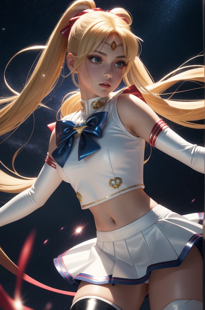 Arti modern anime. angled view, face closeup action portrait beautiful "Sailor moon", long blonde pigtails, transforming scene, leaning forward, slim body, highly ornamented and detailed "glitter crystal leather clothing details", ("blue leather skirt"), ("red chest bow"), ("white leather gloves"), angle, "knee high heel leather boots", depth of field blur effect, night, photorealistic. cinematic lighting, highly detailed. best quality, 4k, Better hand, perfect anatomy, coy cute flirty focused expression, reflection, flat chested, highly ornamented clothing, fight battle pose, surrounded by star dust sparkling around her, red ribbons spinning around body, bright light from forehead, stars in the background