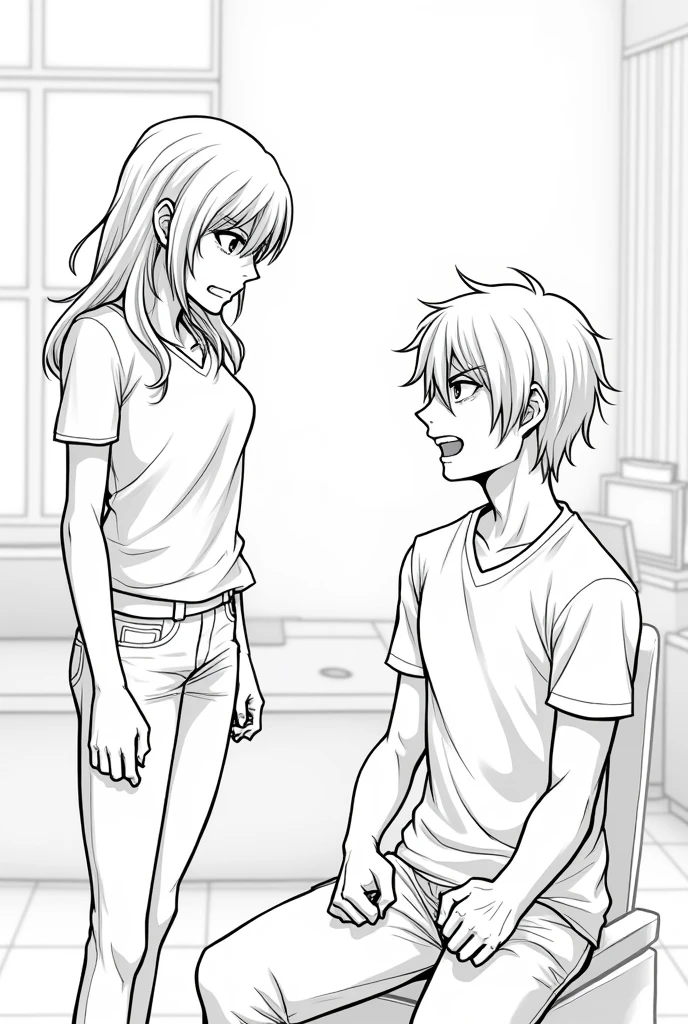 Create a lineart illustration Scene:Silent Confrontation: Capture the moment when Notwen expresses her intolerance of Jeremy's tardiness. Notwen could be shown with a cold, angry expression, while Jeremy, sitting relaxed, fakes a carefree smile. The tension between the two should be palpable, with details in the scene that highlight the simmering hostility.