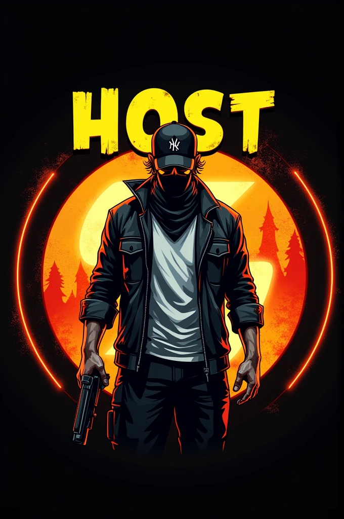 "Create a circular logo for 'Host Gaming'. The black background features orange and yellow accents. In the center, illustrate a man with a black baseball cap and bandana, holding a gun against a fiery orange-red backdrop with a central 'G'. He wears a white shirt and black pants. Above him, 'Host' is written in bold yellow letters. The design should be bold and eye-catching."