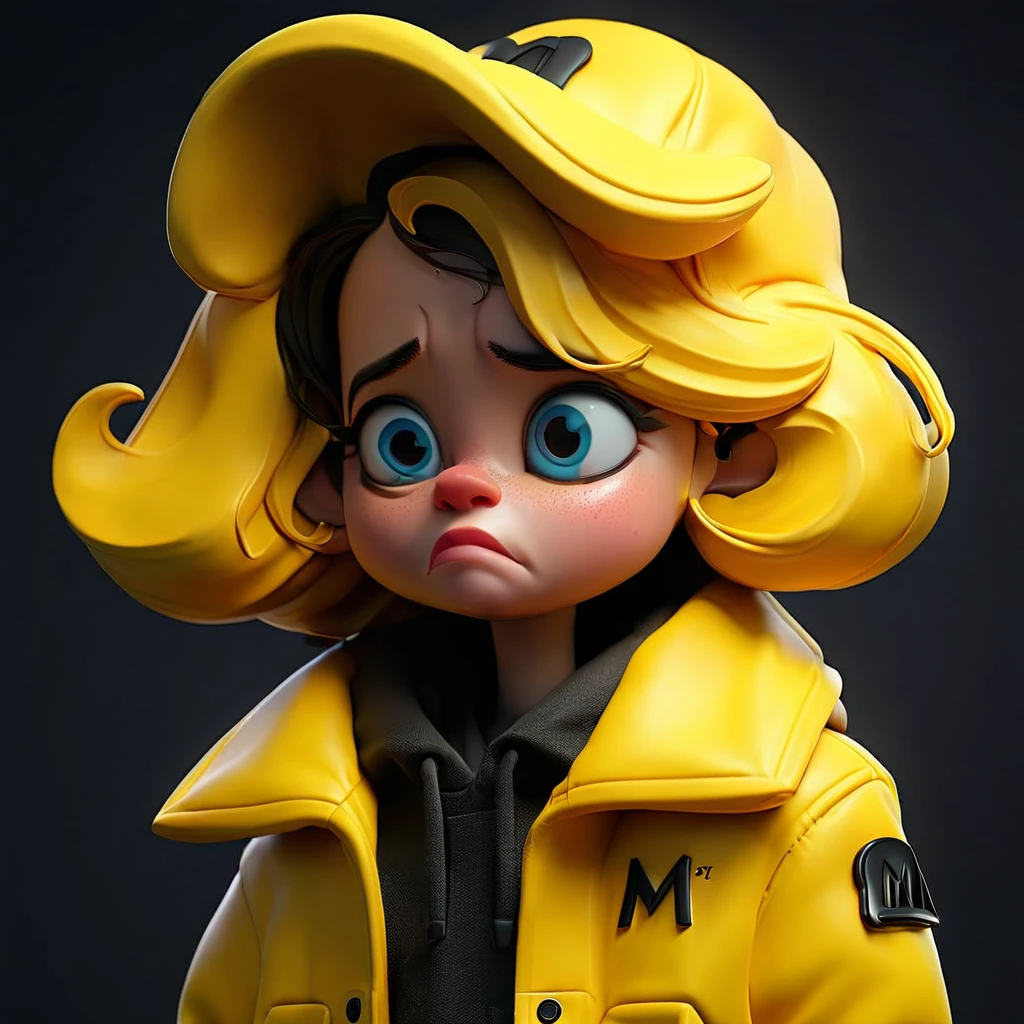 yellow color wearing modern clothes , 'M' letter on jacket , Sad crying , 3d illustration , dark background