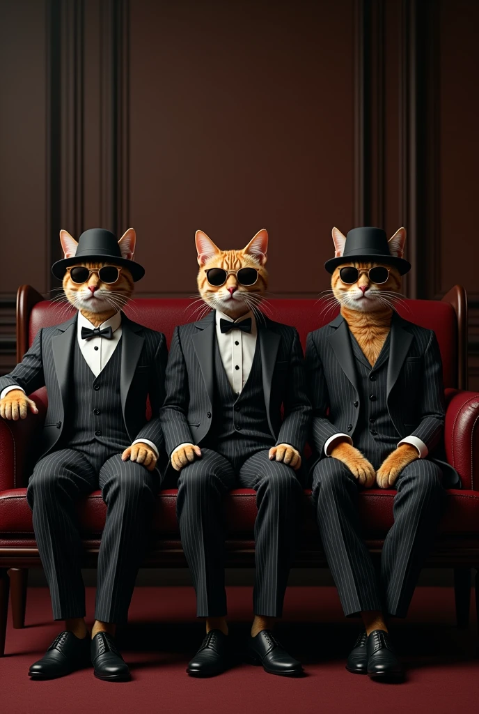 Three cats are sitting on the each chair dressed up like godfather
