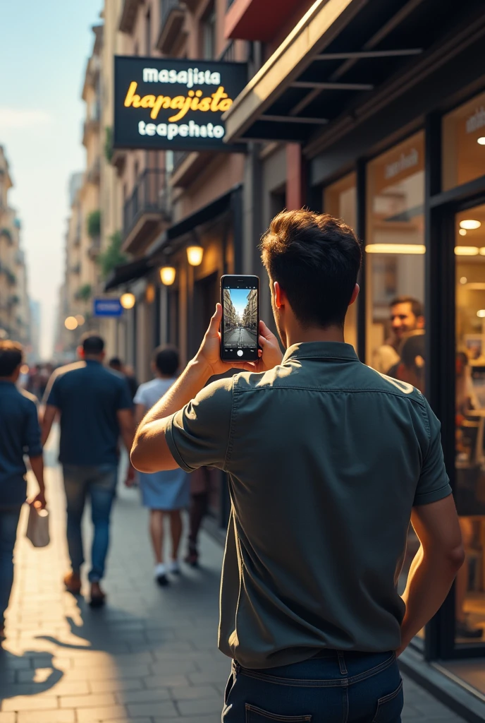 A man on the street , front a hairdresser( You can see the men from behind and you can see the sign where it is write " MASAJISTA TERAPEUTICO" He is holding the phone in his hand pointing towards the display case.(as if I like she recording with the mobile camera).
