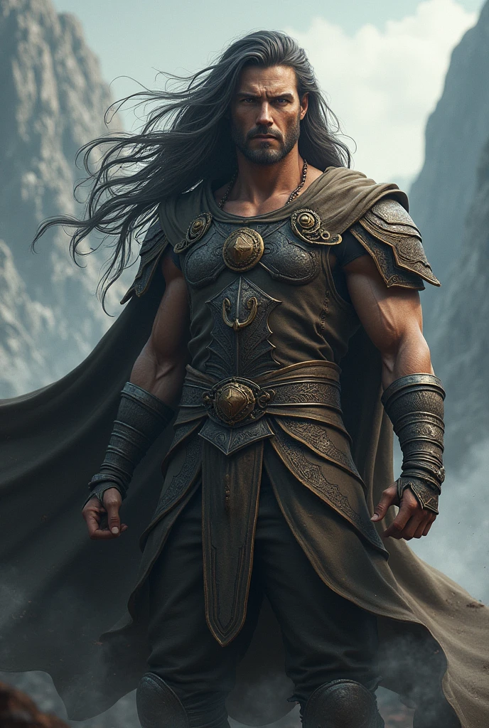 Waist up photo. Realistic photo of a unique Greek God Hephaestus (solitary), (Beautiful man), (serious expression), (Caucasian man, 30 years old), (rough facial features), (robust male figure), (muscles), (handsome body), gorgeous god, deity, (long hair), (black hair), (dirty hair), (sweaty skin), (Leather greek robe), (bare chest), (hammer in his hand), ((masterpiece) ). Professional photo, waist up photo, ultra sharp focus on the woman. RAW analog photography, 80mm f2.8 lens, ancient greek blacksmith, masterpiece, best quality, ultra detailed, 8k, intricate details, minute details , details depiction, realistics details, --ar 4:3 -imagine --lora --lyriel --semi-realistic