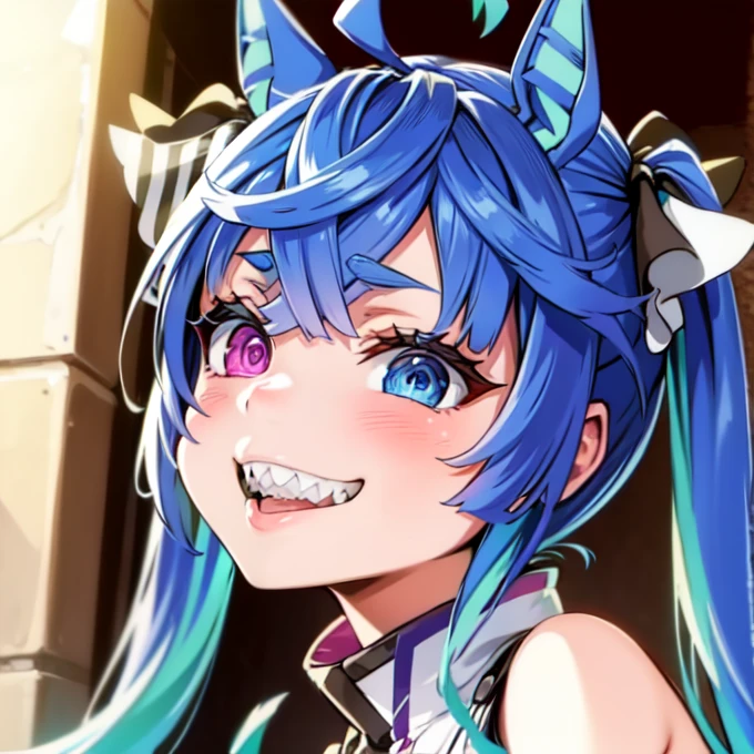 (​masterpiece,top-quality,hight resolution,Unity 8k,extremely details CG:1,Best Picture), ((cute)), illustration in the style of asanagi, perfect lighting ,smiley face, grin, Tongue out, face with peace sign, Twin Turbo Umamusume, (aqua hair, twintails, heterochromia, purple eyes, blue eyes, sharp teeth, uniform), noise removal, an14, SimpleNegativeV3,