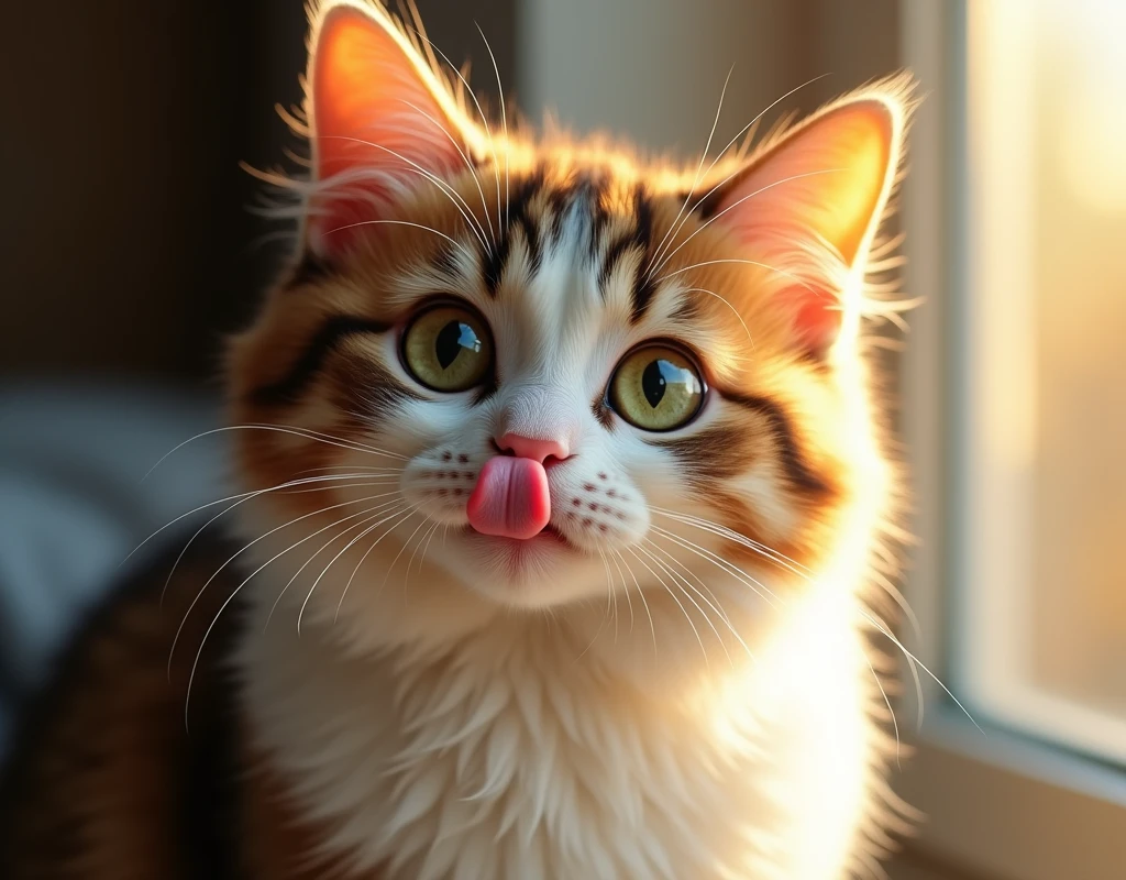 "A close-up shot of a cat with white, brown, and black fur, sitting near a sunlit window. The cat has large, round green eyes and a playful expression as it licks its lips, with its tongue curling up towards its nose. The light streaming through the window casts soft shadows, highlighting the cat’s fur and creating a warm, cozy atmosphere. The focus is sharp on the cat's face, capturing the texture of its fur and the glint in its eyes."