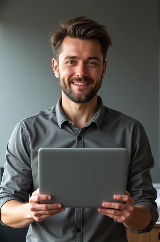 That the face is the same as the reference, that he is with the laptop in his hand