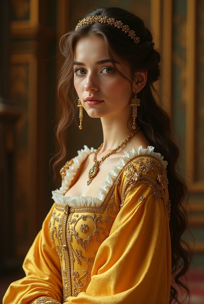 A young brown haired woman wearing medieval gold