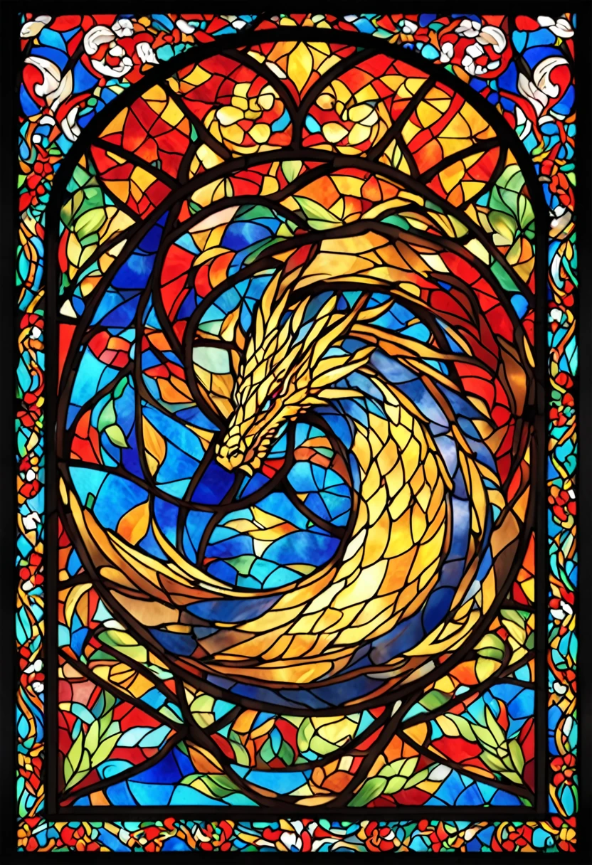 A stained glass dragon window
