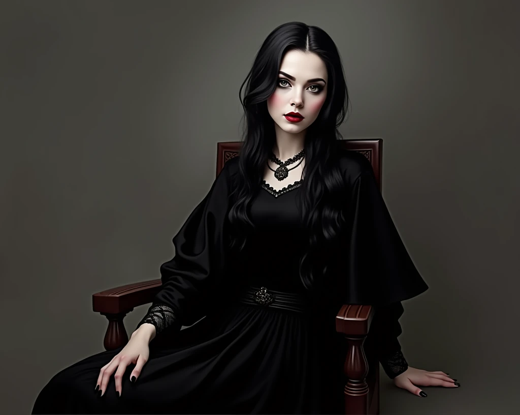 arafed woman sitting in a chair with long black hair, portrait of a dark witch, goth woman, mona lisa as a goth girl, morticia addams, long raven hair, gothic princess portrait, portrait of a lady vampire, creepy gothic portrait, an elegant gothic princess, dark goth queen, amy adams as morticia addams
