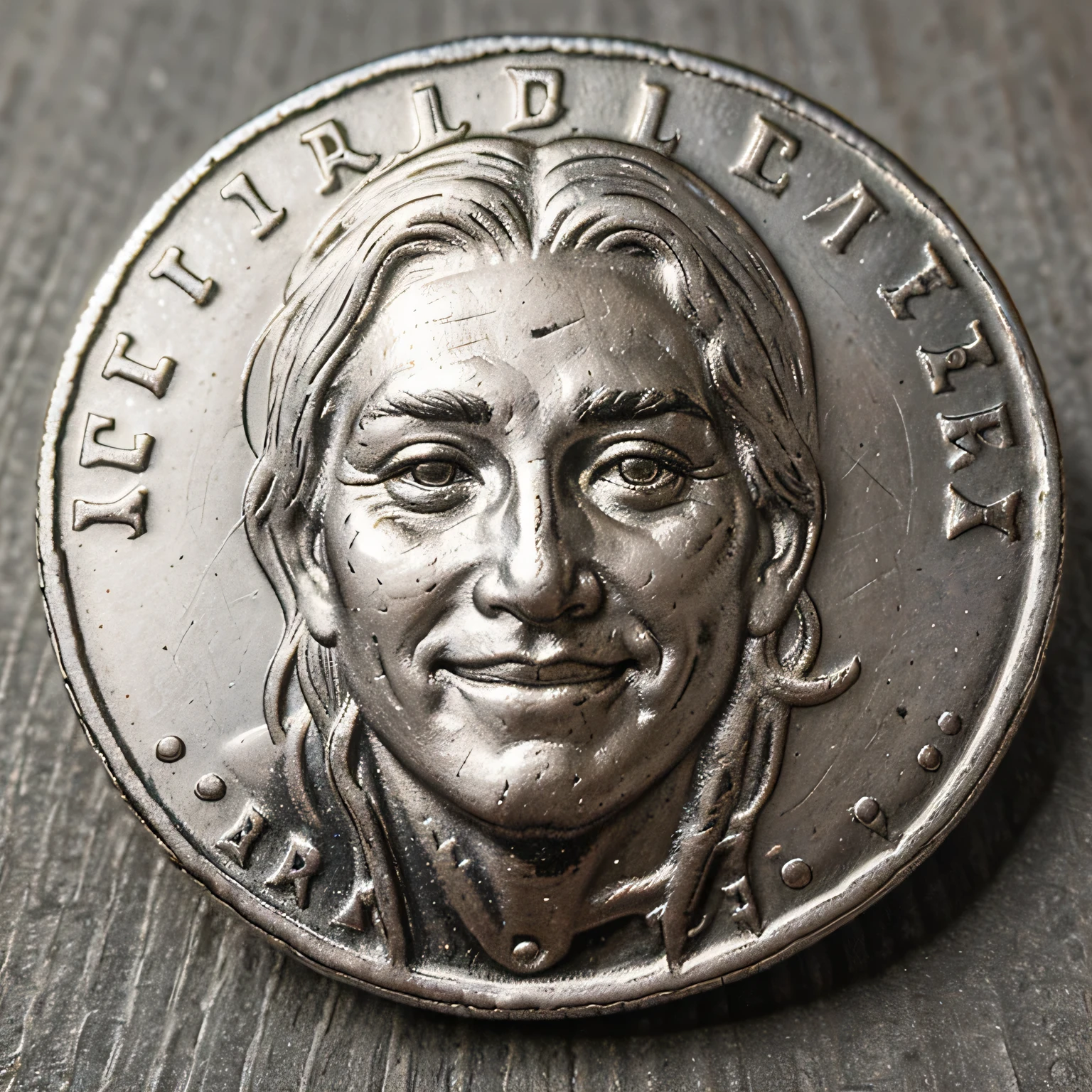 (Front view) of a realistic old silver coin with a beautifully grabbed face of a smiling ancient man on it, the coin has the word ''JINX'' on it