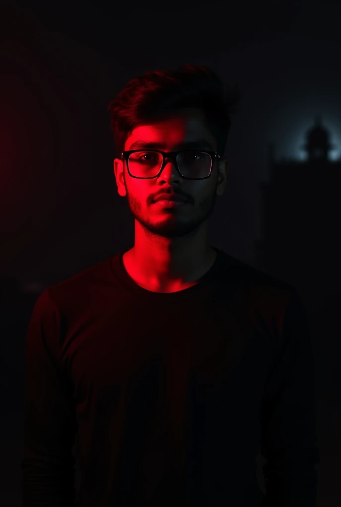A photo of a 21-year-old professional wearing a black shirt standing in a dark black background with little red light effect on left soulder and little on face and a faint architectural structure. The lighting is soft. The individual has an Indian face and wears spectacles.