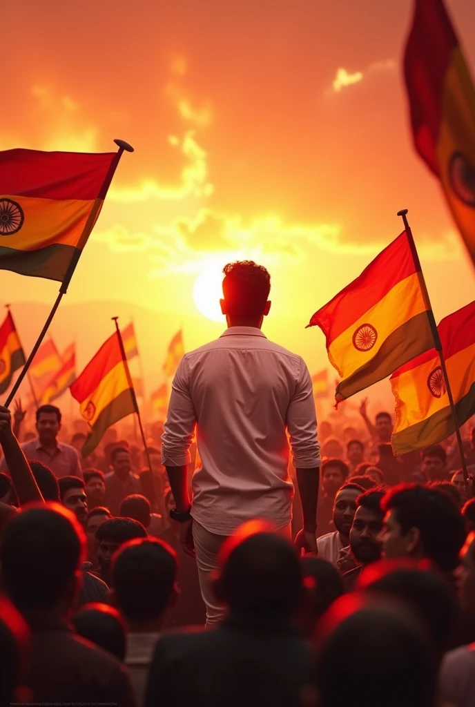 Thalapathy Vijay standing with white shirt in front the crowd and crowd having flag of top and bottom red and middle yellow in the sunrise morning reddish