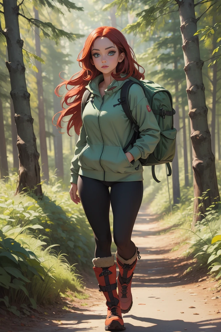 (masterpiece), (1 girl), Best quality, green eyes, expressive eyes, perfect face, long red hair, naked, nude,  dark makeup, heavy makeup, hiking, backpack, hiking boots, whole body, the forest