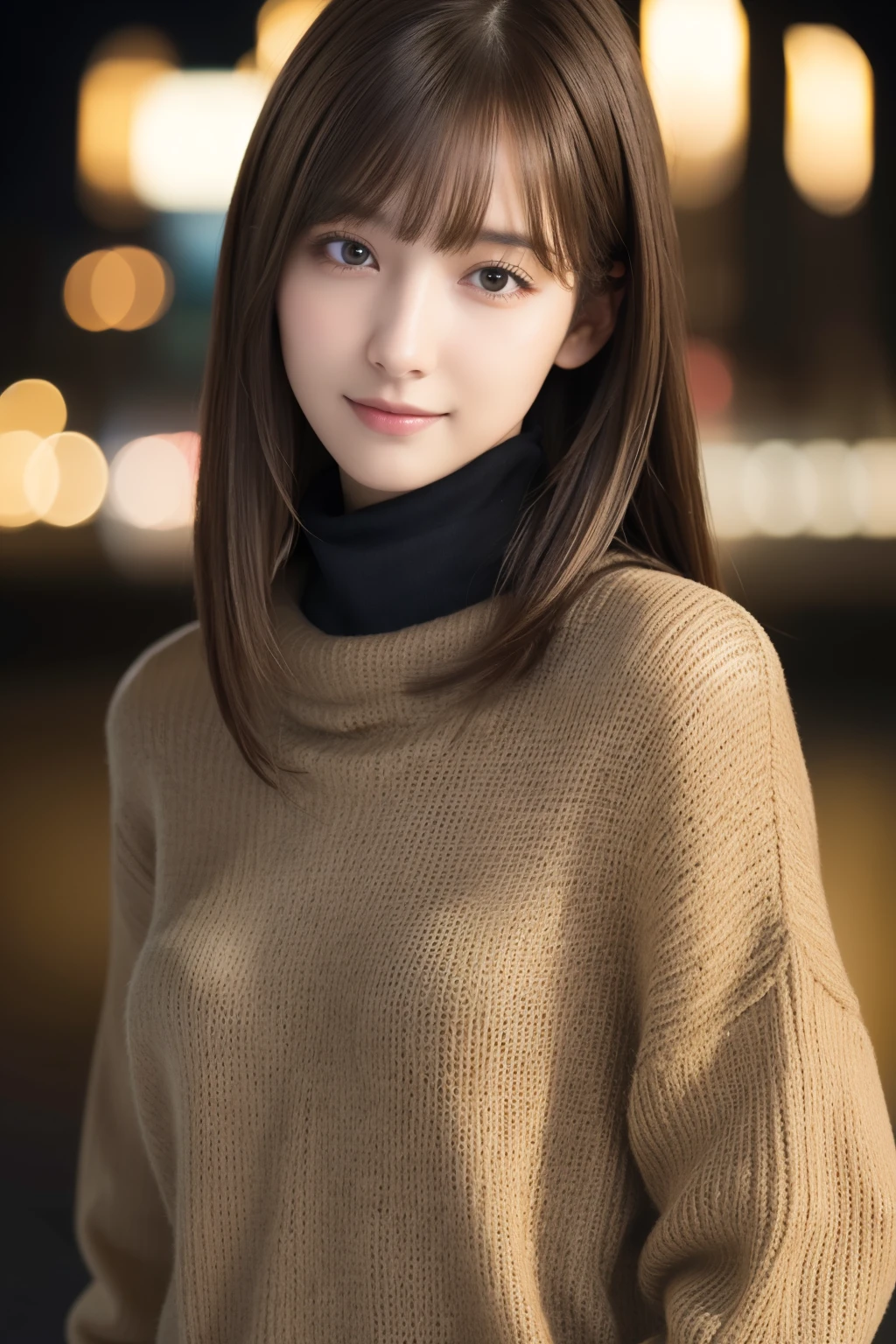 one 19 year old girl, (Dark yellow turtleneck thin sweater), Raw photo, highest quality, photorealistic, very delicate and beautiful, very detailed, 8K wallpaper, High resolution, soft light, very detailed目と顔, beautifully detailed nose, detailed and beautiful eyes, cinematic lighting, night city lights, perfect anatomy, slender body, well-shaped chest, straight hair, smile, asymmetrical bangs, light brown hair