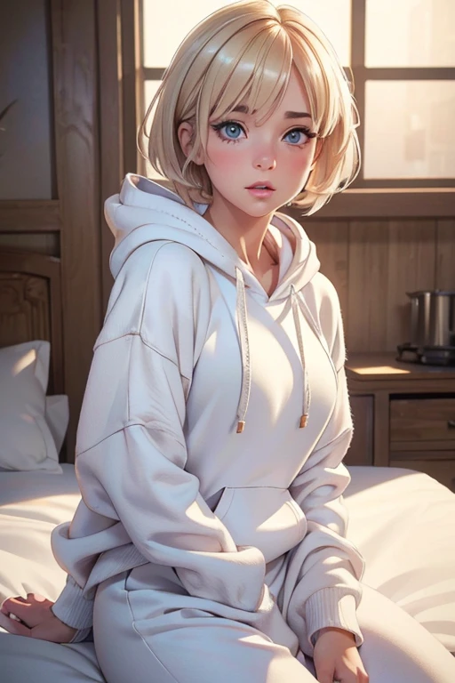 a short white female with short dirty blonde hair, beautiful detailed eyes, rosy cheeks, eyeliner, wearing a white hoodie and pj pants, anime style, (best quality,4k,8k,highres,masterpiece:1.2),ultra-detailed,(realistic,photorealistic,photo-realistic:1.37),cinematic lighting,intricate details,vibrant colors,warm lighting,elegant expression