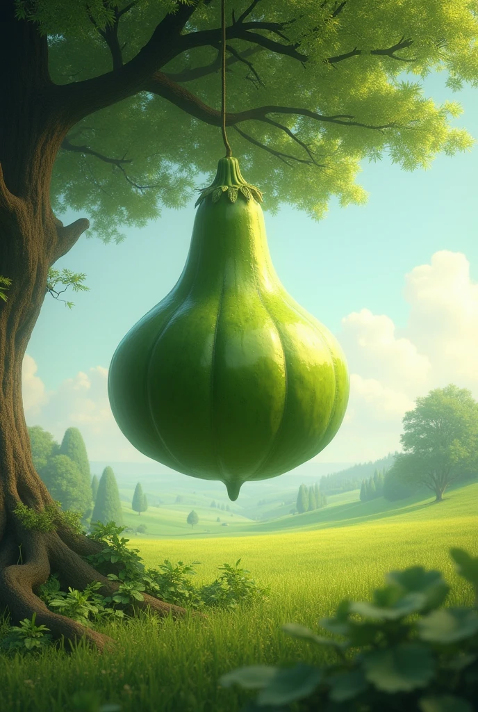 there is a green vegetable hanging from a tree in a field A symphony of pixels in hyperrealistic harmony, intricate and softly lit, an 8K revelation trending on ArtStation, brought to you by Leonardo Da Vinci