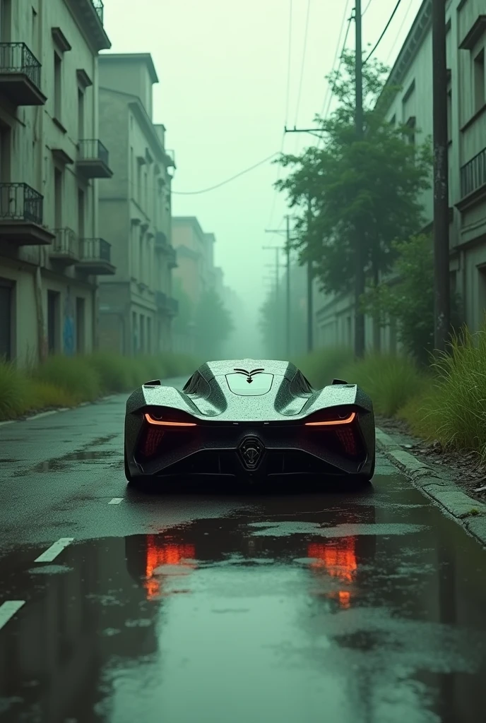 a Agressive hypercar, post-apocalyptic city street scene, tree grow everywhere, dilapidated buildings, cracked pavement, overgrown tall grass, cloudy dramatic sky, greeny, light rain, water reflection the car, reflection photography, cinematic lighting, cinematic composition, highly detailed, photorealistic