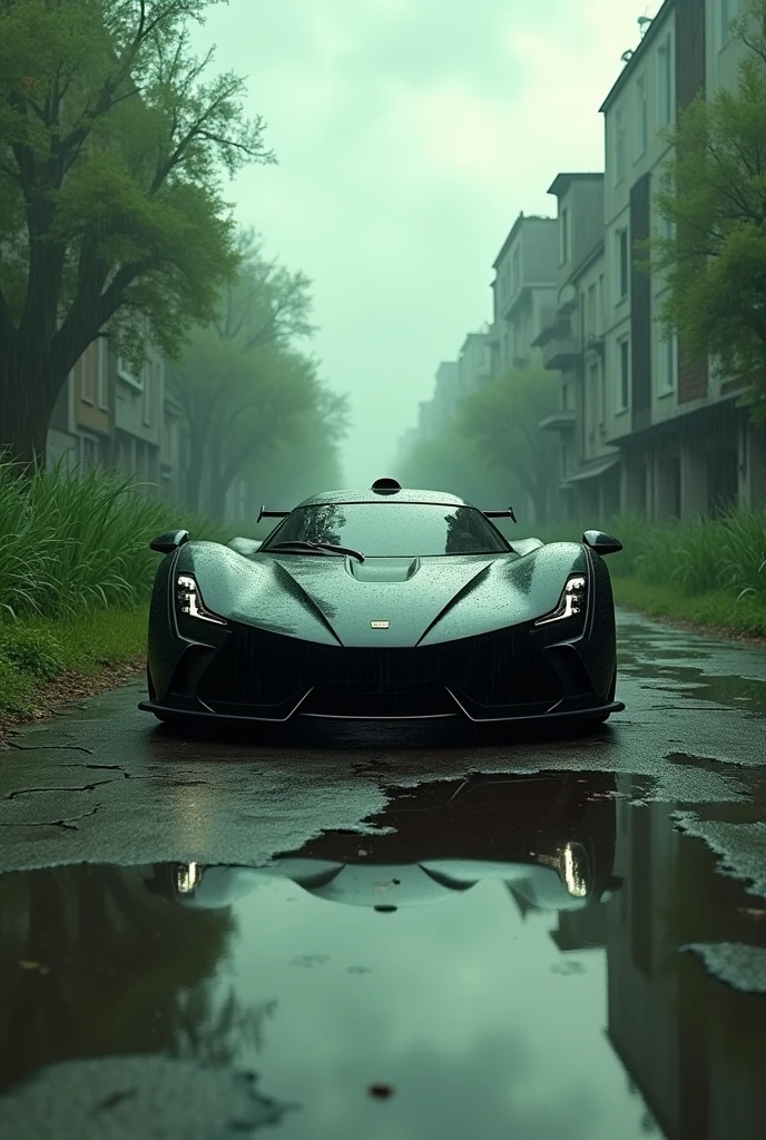 a Agressive hypercar, post-apocalyptic city street scene, tree grow everywhere, dilapidated buildings, cracked pavement, overgrown tall grass, cloudy dramatic sky, greeny, light rain, water reflection the car, reflection photography, cinematic lighting, cinematic composition, highly detailed, photorealistic