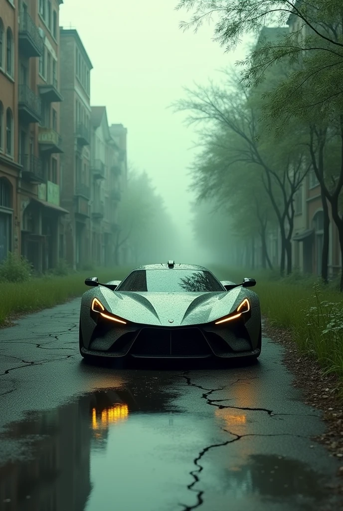 a Agressive hypercar, post-apocalyptic city street scene, tree grow everywhere, dilapidated buildings, cracked pavement, overgrown tall grass, cloudy dramatic sky, greeny, light rain, water reflection the car, reflection photography, cinematic lighting, cinematic composition, highly detailed, photorealistic