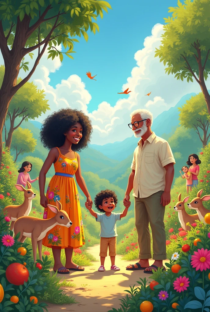 "I can already see myself In the new world With grandma Sandra And grandpa Raimundo"Crie uma ilustração sobre o verso acimaÉ A two-year-old imaginando a vida eterna em um belo paraíso na TerraVovó Sandra, black woman with black hair rejuvenated with the appearance of 25 years old Grandma Raimundo, average brown man, also with a rejuvenated appearance of 25 yearsIn the background other happy families, happy to live in a world free of disease and evilAnd wild animals free and completely tame play with the childrenAll with simple and beautiful clothes Illustration: The New World of Children Imagine a vibrant and colorful scene that captures the essence of the verse “I can already see myself In the new world With grandma Sandra And grandpa Raimundo”. In the center of the illustration, A two-year-old, with a radiant smile and eyes shining with joy, is holding hands with grandma Sandra and grandpa Raimundo.
Grandma Sandra is a black woman, with voluminous black hair, lush and rejuvenated, as if I were only 2. She is dressed in a simple dress, but beautiful, with bright colors and flower prints that reflect the joy of life. Your gaze is full of love and affection, as she leans towards the child, sharing a special moment.
Grandpa Raimundo, an average brown man, also rejuvenated, wear a light shirt and comfortable pants. He smiles broadly, with an expression of wisdom and peace, while playing with a small dog next to you. Your presence transmits security and joy, as if he were the protector of the family's happiness.
Ao fundo, other families are scattered, all happy and radiant, living in harmony. Children play freely, running among colorful flowers and fruit trees. There are no signs of disease or evil; the environment is full of love and joy.
wild animals, like deer and rabbits, are playing gently with the children, symbolizing peace and connection between all creatures in the world. They move smoothly, showing that in this