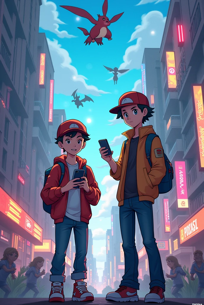 peut tu me faire une affiche pour recruter des joueurs de Pokémon Go, une affiche avec le logo "Pokémon Go" officiel , j imagine un dessin stylé animé futuriste avec des joueurs avec leurs téléphone à la main en train de jouer en ville entourée de pokemons