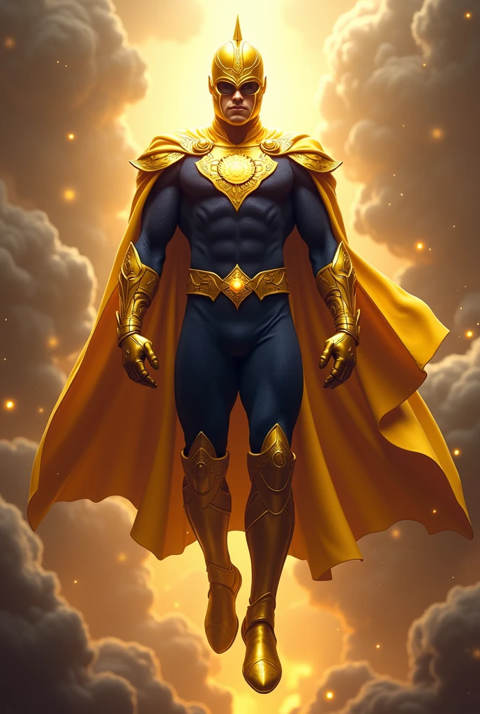 Superhero, golden knight helmet, golden amulet, golden gloves and boots, golden belt, dark blue costume, floating pose,