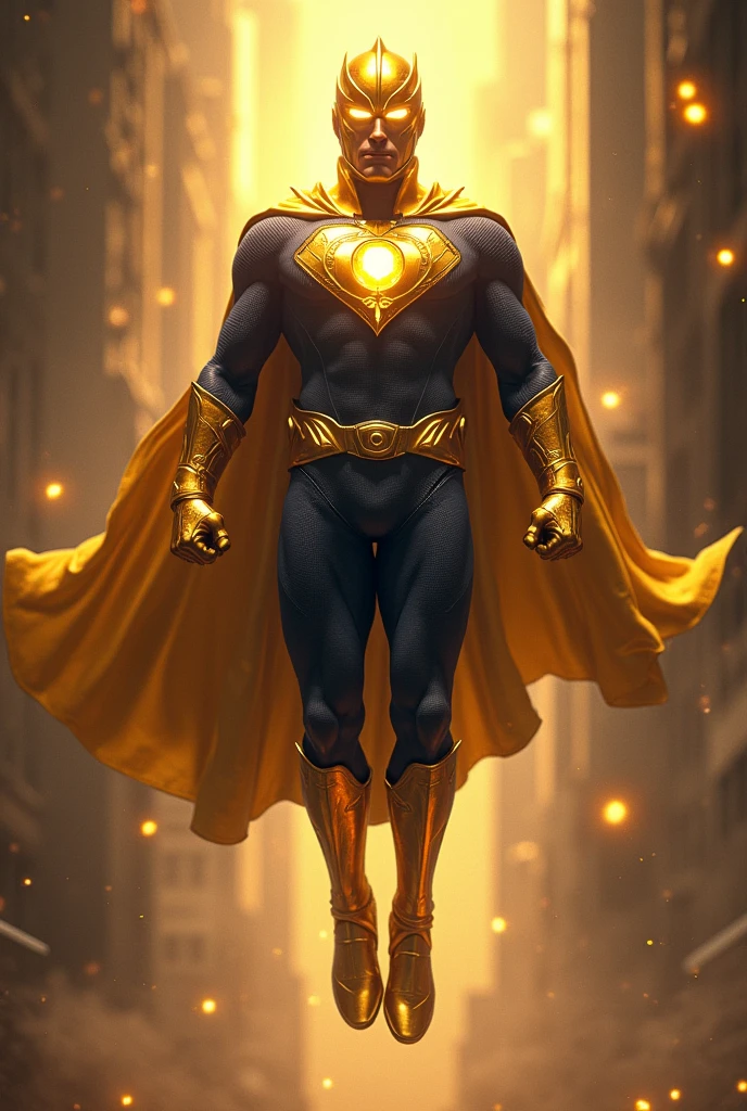 Superhero, golden knight helmet, golden amulet, golden gloves and boots, golden belt, dark blue costume, floating pose,