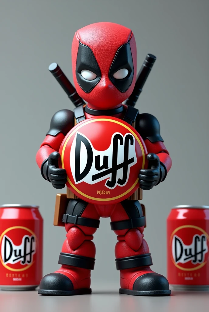 Deadpool doll holding a round red, black and soft logo of the duff word brand with beer cans