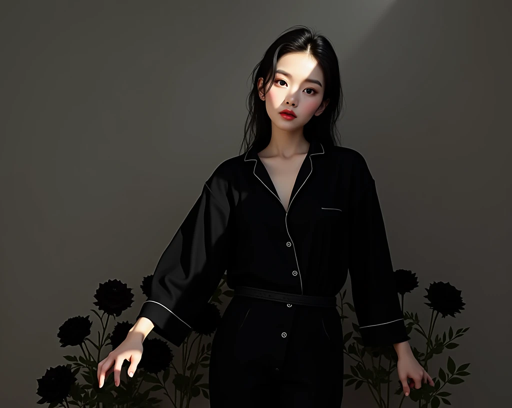 A gril surrounded by black roses, and the sunlight is streaming through the window, creating a warm and inviting atmosphere. She is wering her wet pajama, asia myanmar girl, realistic, best quality, photo-realistic 8k, (best quality:1.1), masterpiece, (realistic:1.1), photo-realistic