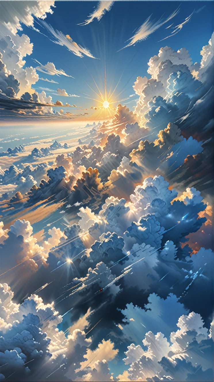 ((masterpiece)), ((Highest quality)), ((High resolution)), ((In detail)),((Highest quality, 8k, masterpiece)), Landscape painting、glowing clouds、Above the clouds、blue sky、sun、heaven、