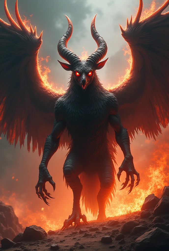 draw a demon with goat head and vulture body with red glowing eyes and fire flames around it.