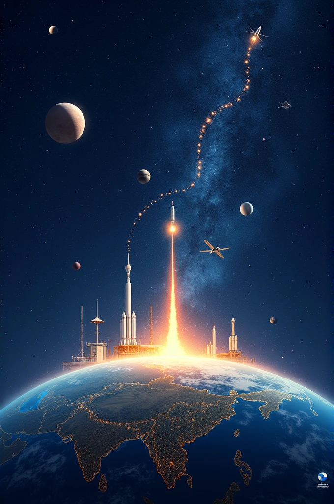 Design a celebratory and educational image for India's National Space Day. The scene should depict a timeline of India's space achievements, starting with the early rockets like the SLV-3, progressing to major milestones such as Chandrayaan, Mangalyaan, and the Gaganyaan mission. Arrange these elements in a visually appealing way, with each milestone connected by a path of stardust. In the background, showcase a night sky filled with constellations, planets, and distant galaxies. Include a large, glowing image of the Earth with the Indian subcontinent in focus, surrounded by satellites in orbit. The overall tone should be one of national pride, history, and a bright future in space exploration."