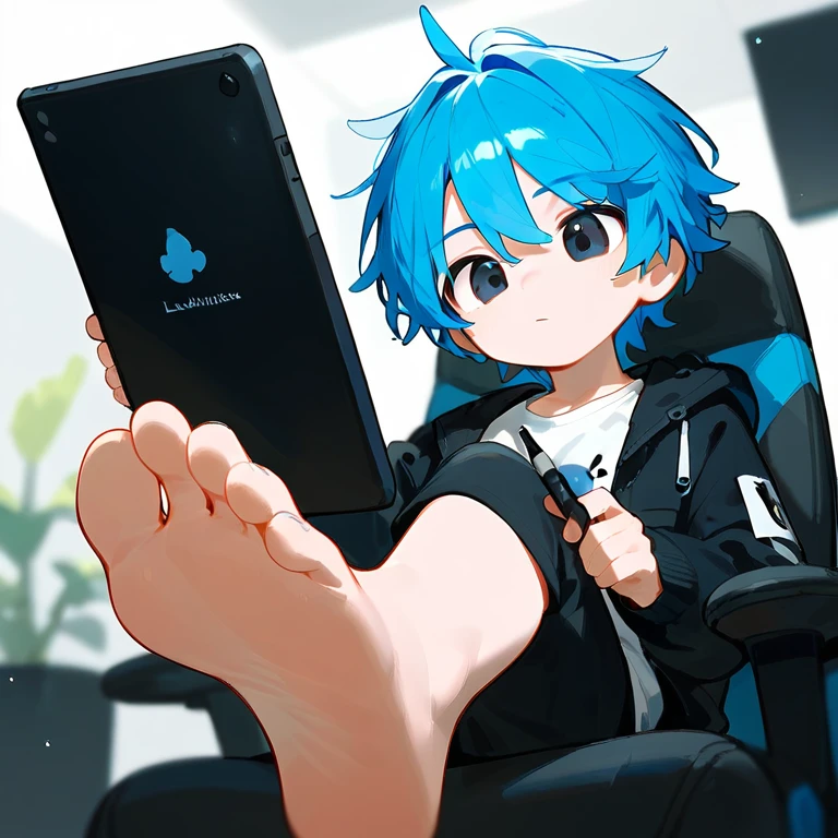 A cute boy sitting on a swivel chair，Alone，Low Angle，Hold the tablet，Holding a pen，black eyes，barefoot，Blue Hair，Blue unicorn，black eyes，White T-shirt，Black jacket，Black pants，Perfect feet，A big foot，Lift one foot，Stand on one foot