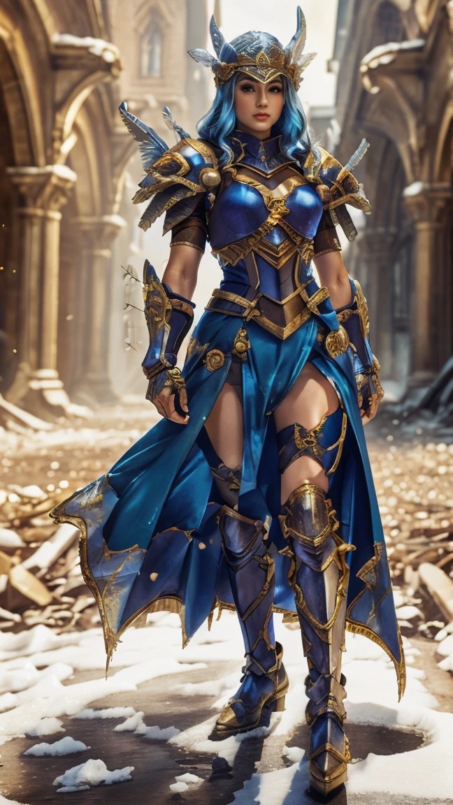 Lenneth from 'Valkyrie profile', BREAK: bright_gold_trimmed_sapphire_blue_plate mech4rmor, (damaged chest armor exposing skin:1.3), glowing sword raised in victory, thigh cutout, long skirt, BREAK: standing, contrapposto stance, light smile, magical castle ruins, fluffy snow and flower petals fall, BREAK: detailed face, detailed hands, (16k, absurdres, masterpiece, best quality),  fantasysword, wings