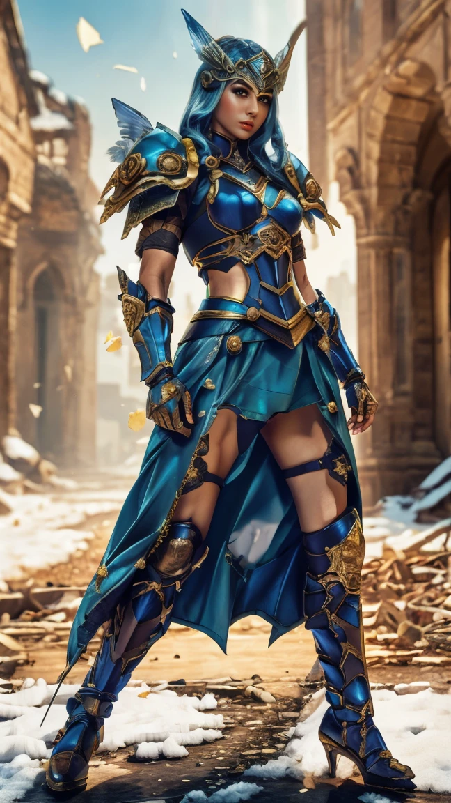 Lenneth from 'Valkyrie profile', BREAK: bright_gold_trimmed_sapphire_blue_plate mech4rmor, (damaged chest armor exposing skin:1.3), glowing sword raised in victory, thigh cutout, long skirt, BREAK: standing, contrapposto stance, light smile, magical castle ruins, fluffy snow and flower petals fall, BREAK: detailed face, detailed hands, (16k, absurdres, masterpiece, best quality),  fantasysword, wings