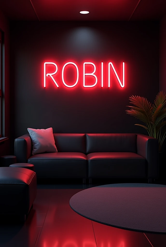 creat an image of expensive dark black studio room for YouTube with a subtle neon board with statement in bold "Robin" . make sure that none of the letters in the text is misspelled .