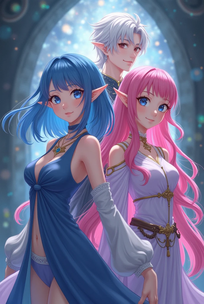 An elf with shoulder-length blue hair gets bangs, a human with long pink wavy hair without bangs and a human with white hair tied in a ponytail with anime-style bangs 