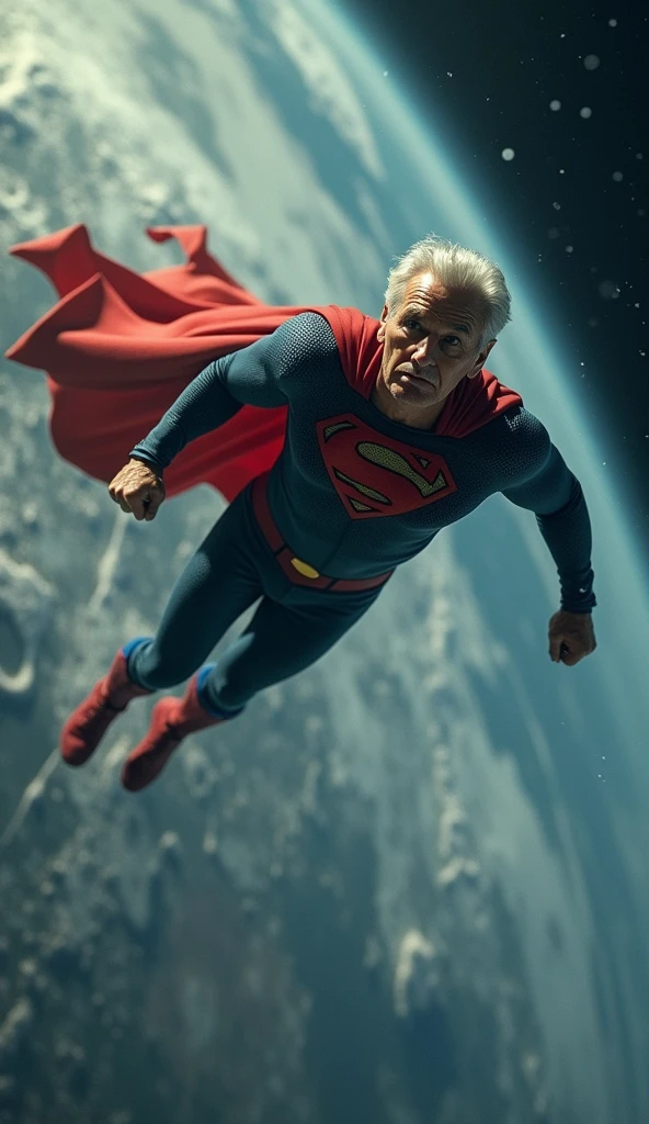 ****The 60-year-old man, now Superman, leaps from Earth and begins his descent towards the Moon. The image shows him falling through space, the Earth shrinking behind him as he approaches the lunar surface, with a dramatic trail of light marking his path.**