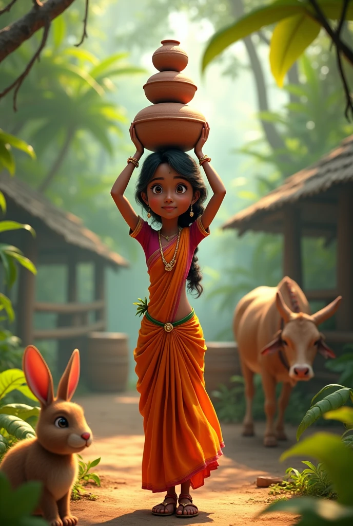 Prompts
Copy
Make a Disney Pixar-style poster, in 3d, a dusky indian girl wearing saree a carrying three pots in her head and he surrounded with a well and jungle and rabbits and cows near her