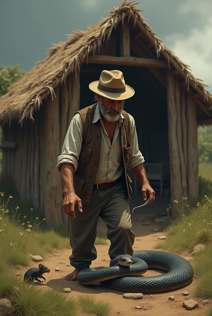 There is a farmer in a hut, that farmer has a mouse in his hand, the farmer catches the punch of that mouse and in front of the farmer there is a big snake