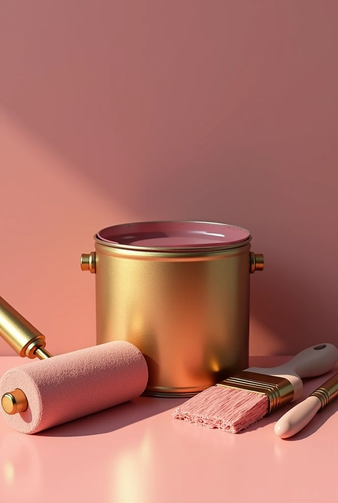 generally a paint roller with a gold grip handle, and vintage pink paint supported by a gold can of paint, with vintage pink paint inside and next to it a brush with a gold grip handle and the same pink color on the edges. vintage