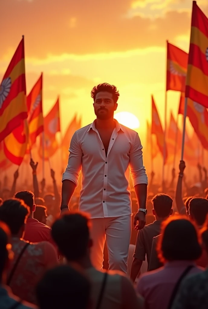 Thalapathy Vijay standing with white shirt in front the crowd and crowd having flag of top and bottom red and middle yellow in the sunrise morning reddish