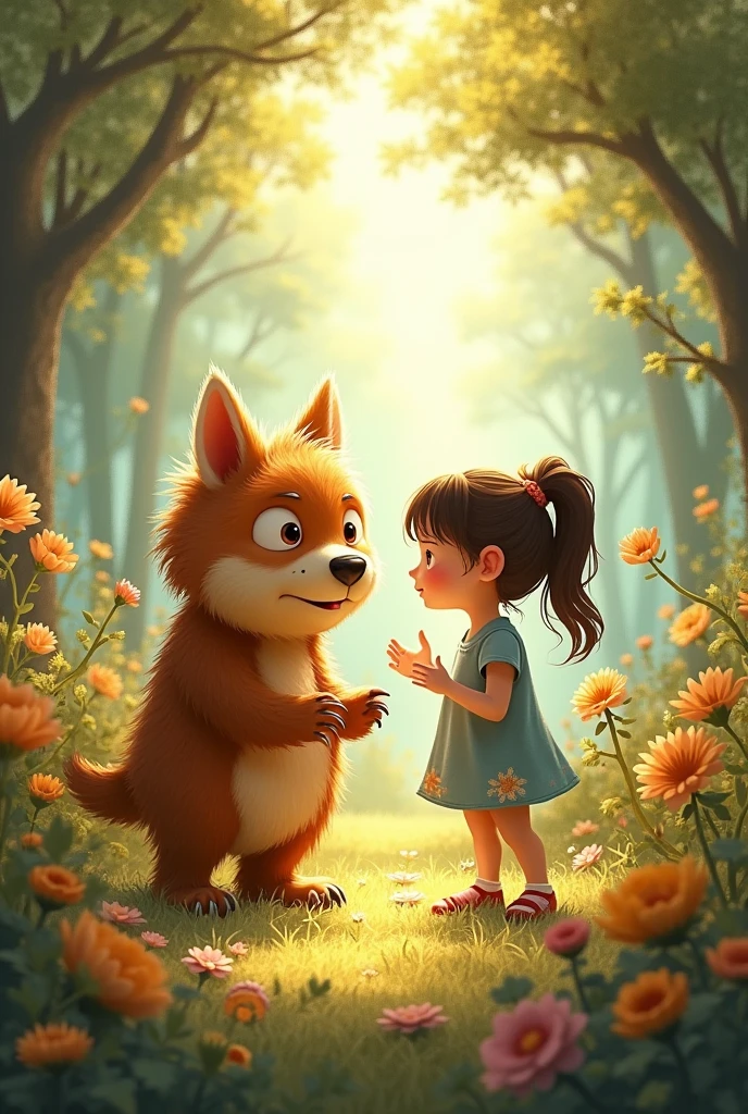 Create an image for story book 
Ellie realized that sometimes things that seem scary can turn out to be wonderful, and true friendship knows no bounds.can you make a monster Benny brown colour 