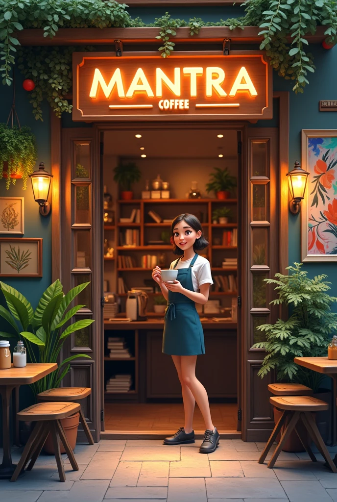Entrance to a cafe with wooden tables outside, with a sign that says mantra coffee, illuminated, with plants, books, colorful paintings. At the entrance a female Barista with a cup of coffee in her hand and a smile on her face. He addresses the audience with enthusiasm.