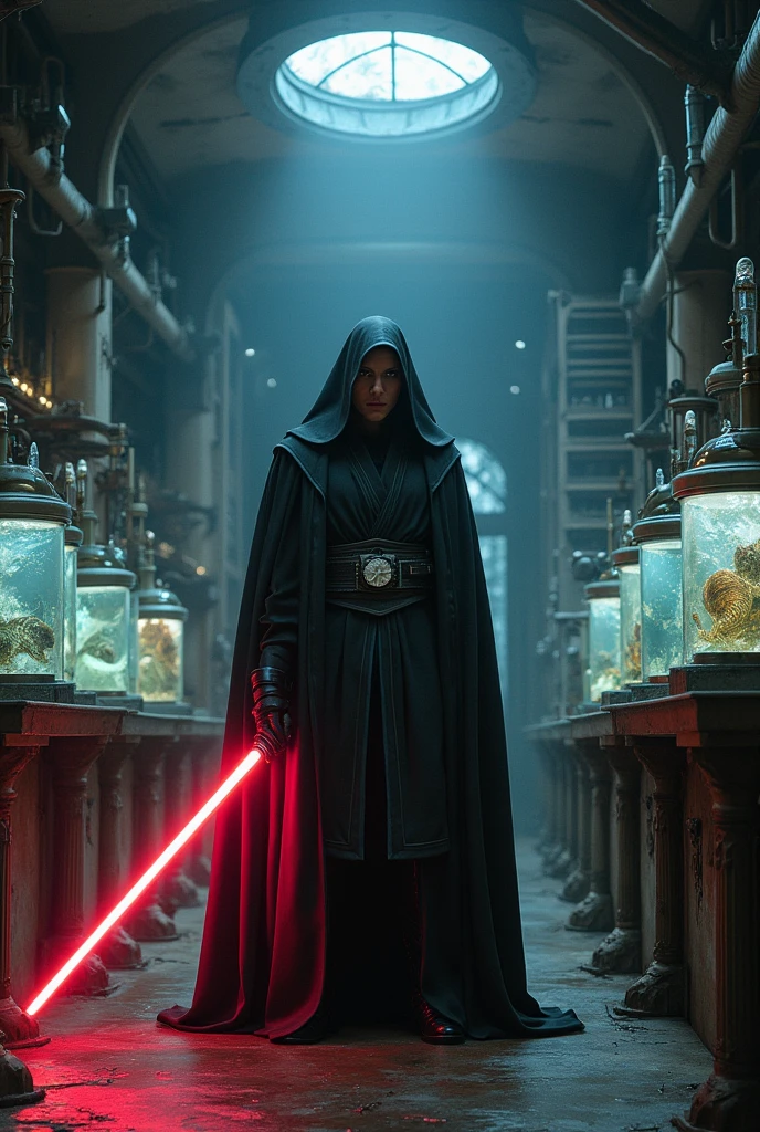 A Sith Lord from Star Wars, Physician in a large underground laboratory, chemicals are in containers, animals and rare big monsters lie in water containers, gloomy light, ultra-realistic, detailed