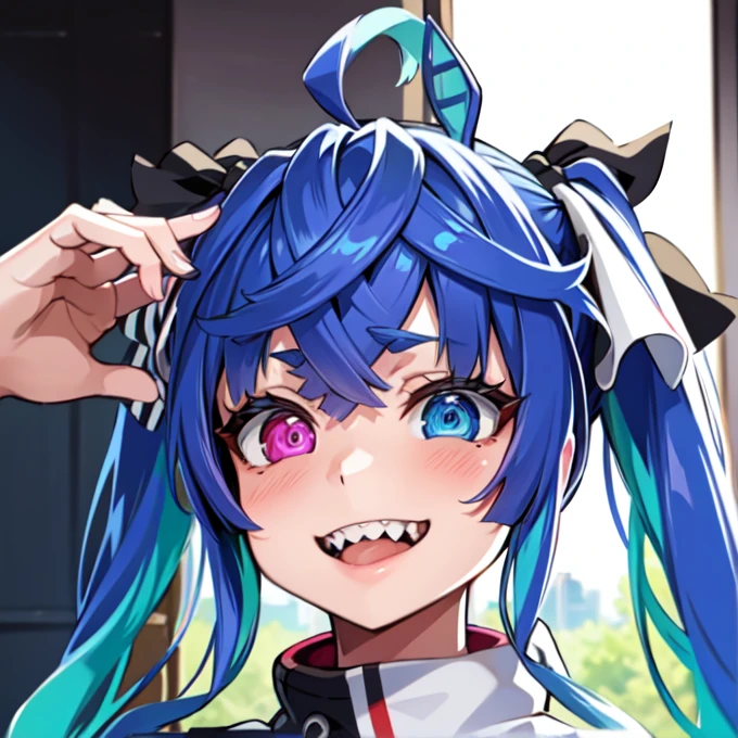 (masterpiece,top-quality,hight resolution,Unity 8k,extremely details CG:1,Best Picture), ((cute)), illustration in the style of asanagi, perfect lighting ,smiley face, grin, Tongue out, face with peace sign, Twin Turbo Umamusume, (aqua hair, twintails, heterochromia, purple eyes, blue eyes, sharp teeth, uniform), noise removal, an14, SimpleNegativeV3,
