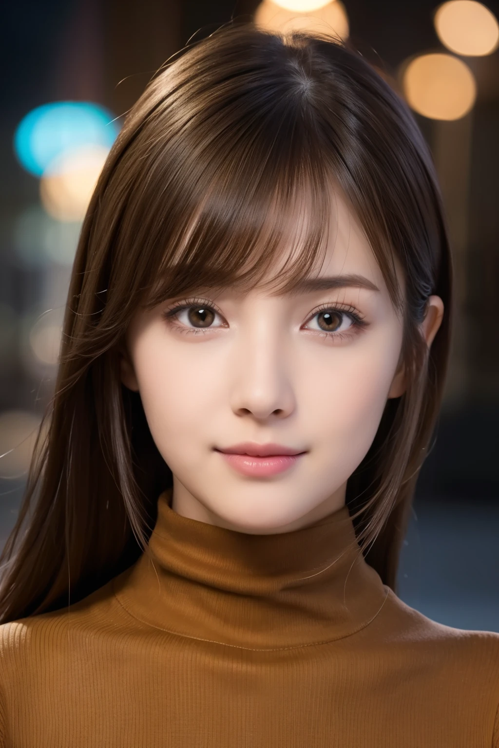 one 19 year old girl, (Dark yellow turtleneck thin sweater), Raw photo, highest quality, photorealistic, very delicate and beautiful, very detailed, 8K wallpaper, High resolution, soft light, very detailed目と顔, beautifully detailed nose, detailed and beautiful eyes, cinematic lighting, night city lights, perfect anatomy, slender body, well-shaped chest, straight hair, smile, asymmetrical bangs, light brown hair