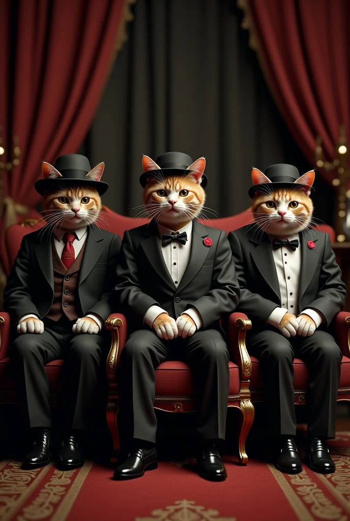 Three cats are sitting on the different chairs dressed up like godfather
