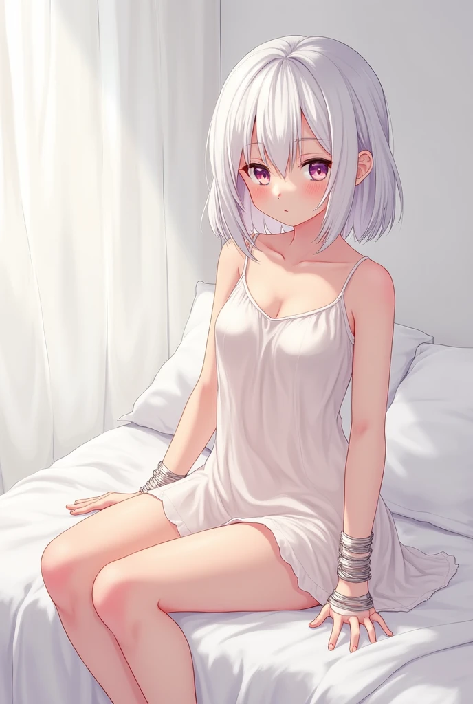 Anime shoujo,White transparent dress,White transparent stockings,white short hair,Shy,Small chest,No shoes,tied to bed
